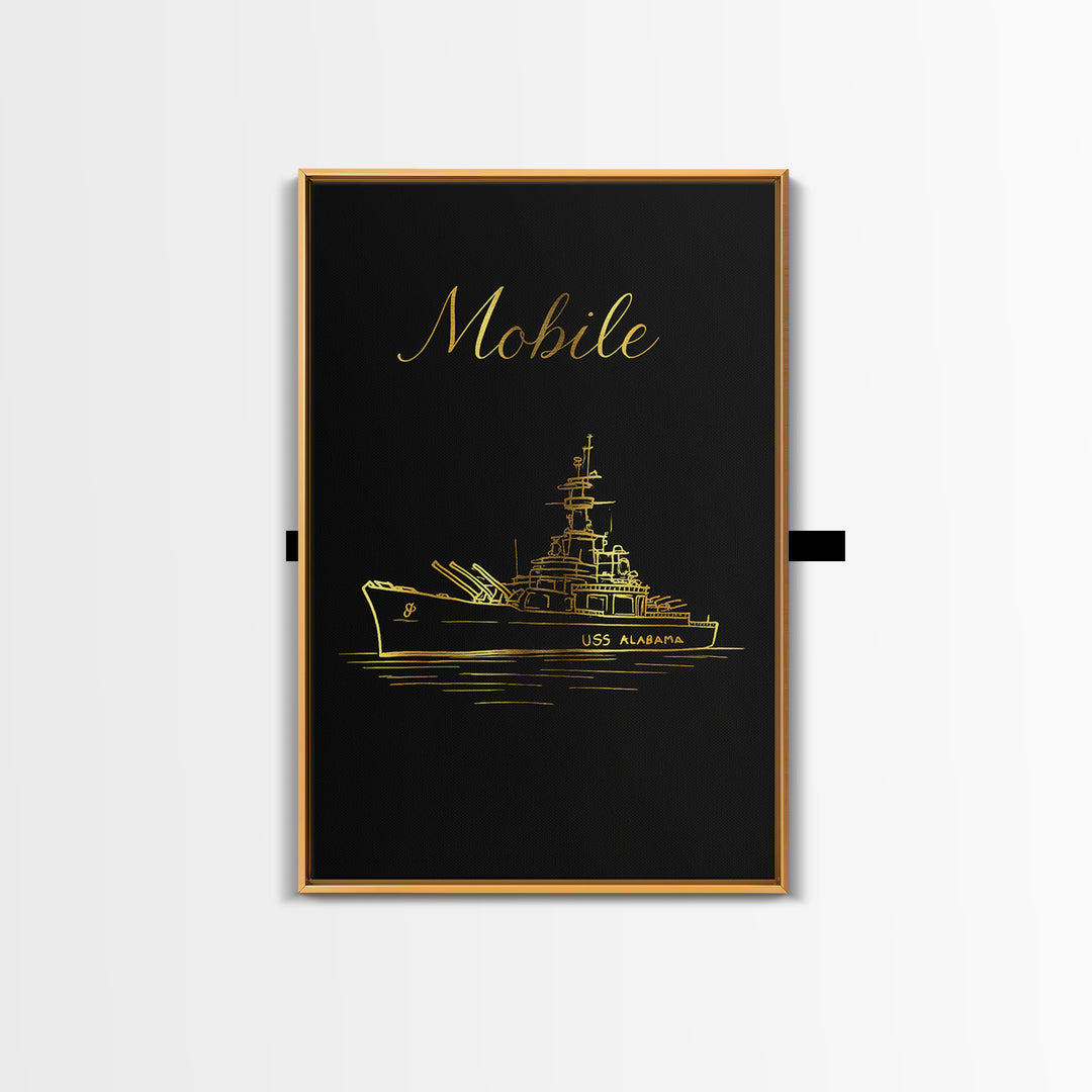 Mobile Alabama Travel Poster, Framed Canvas Print, Minimalist Gold Line Art, Mobile Poster Print, Vintage City Art, Living Room Wall Art