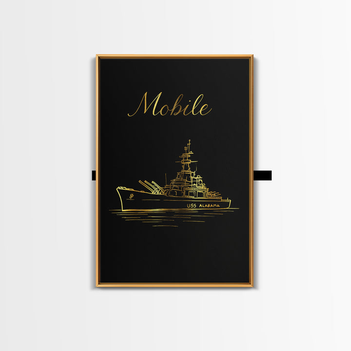 Mobile Alabama Travel Poster, Framed Canvas Print, Minimalist Gold Line Art, Mobile Poster Print, Vintage City Art, Living Room Wall Art