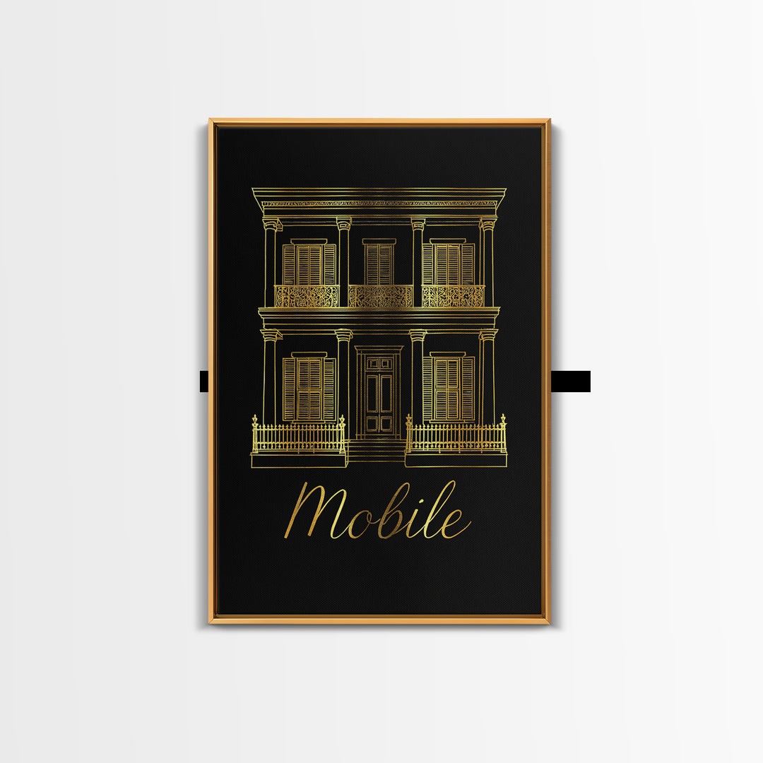 Mobile Travel Poster, Framed Canvas Print, Minimalist Gold Line Art, Mobile Wall Art, Living Room Wall Art, Vintage City Poster