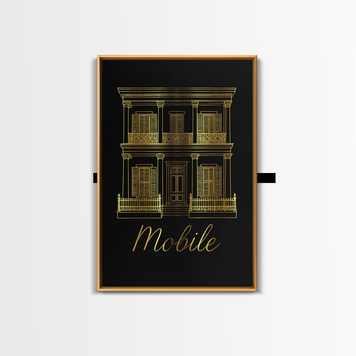 Mobile Travel Poster, Framed Canvas Print, Minimalist Gold Line Art, Mobile Wall Art, Living Room Wall Art, Vintage City Poster