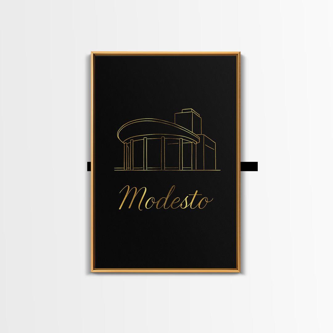 Modesto California Travel Poster, Framed Canvas Print, Minimalist Gold Line Art, Modesto Poster Print, Travel Poster Art, Gift For Travelers