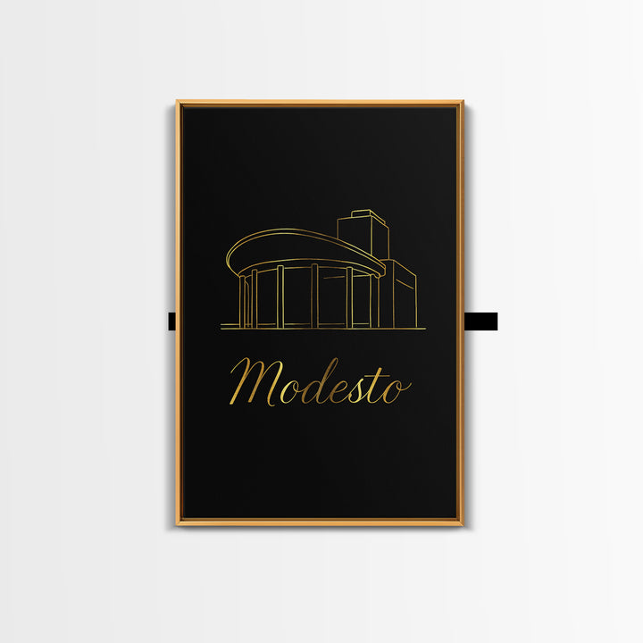 Modesto California Travel Poster, Framed Canvas Print, Minimalist Gold Line Art, Modesto Poster Print, Travel Poster Art, Gift For Travelers