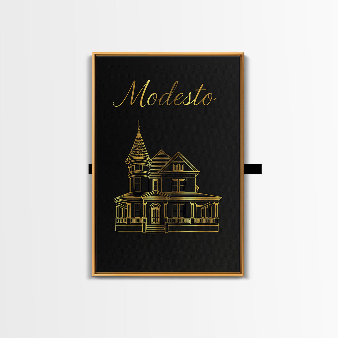 Modesto Travel Poster, Canvas Print, Black Gold Minimalist Art, Modesto Art Print, Travel Poster Art, City Art Print, Vintage City Art