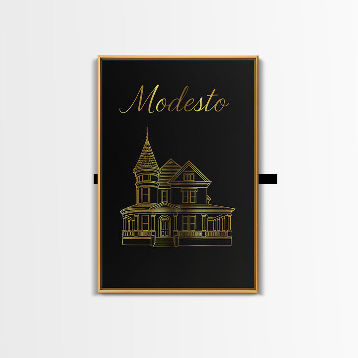 Modesto Travel Poster, Canvas Print, Black Gold Minimalist Art, Modesto Art Print, Travel Poster Art, City Art Print, Vintage City Art