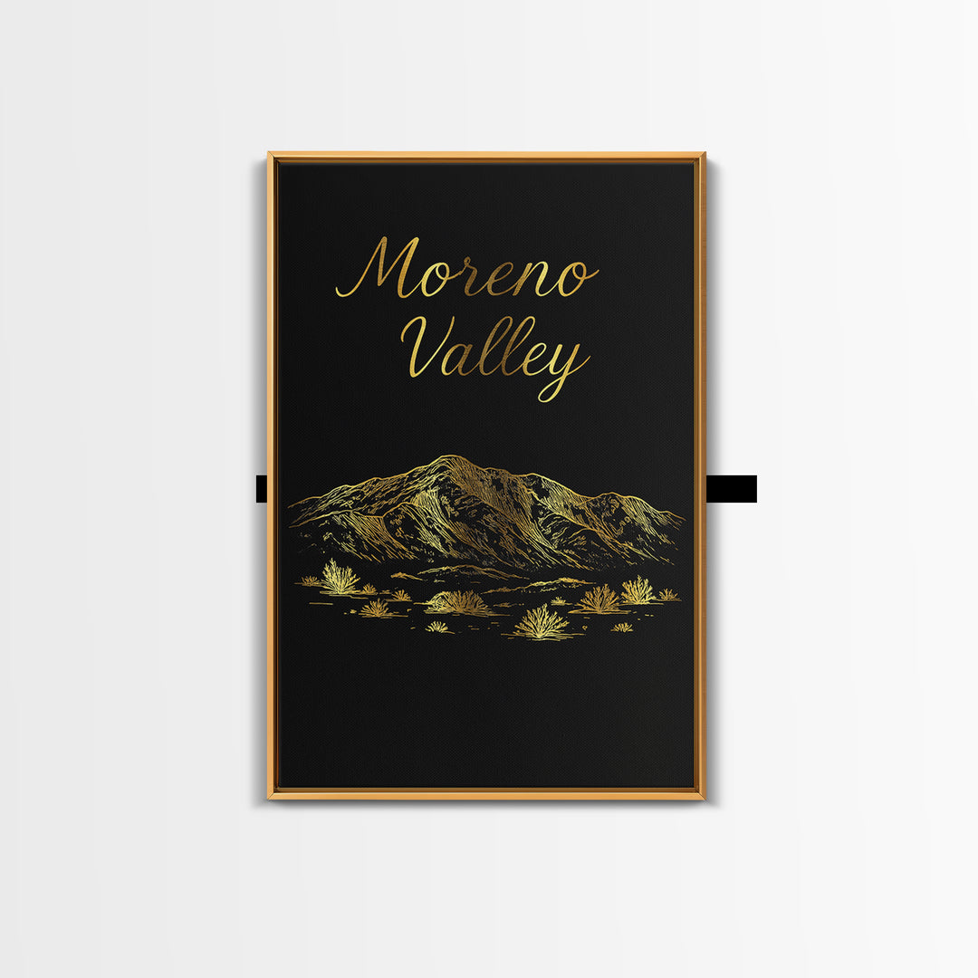 Moreno Valley Travel Poster, Framed Canvas Print, Gold Outline Poster Art, Moreno Valley Travel Art, Modern Wall Decor, City Illustration