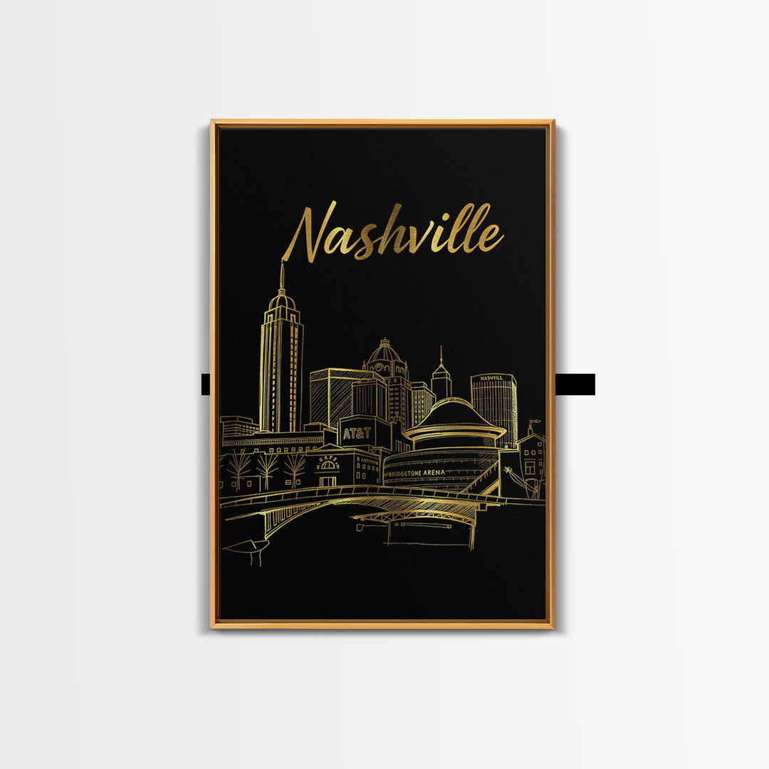 Nashville Tennessee Travel Poster, Canvas Print, Gold Outline Poster Art, Nashville Travel Art, City Art, Watercolor Downtown Skyline