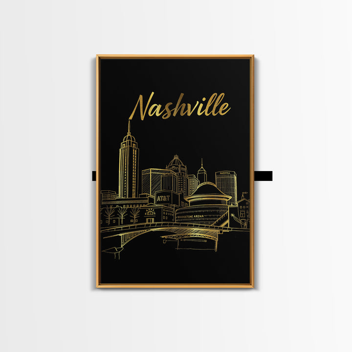 Nashville Tennessee Travel Poster, Canvas Print, Gold Outline Poster Art, Nashville Travel Art, City Art, Watercolor Downtown Skyline