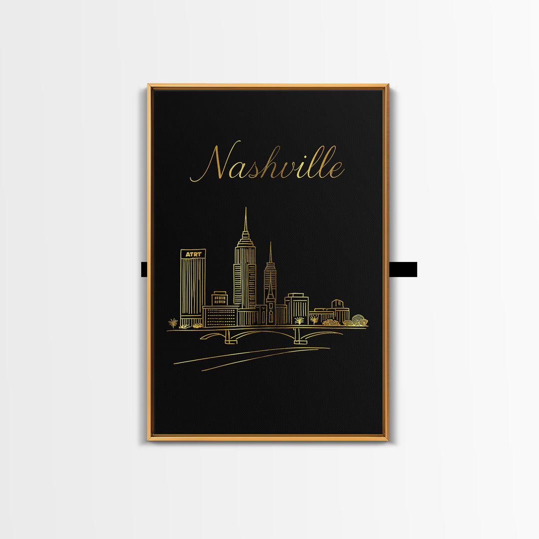 Nashville Travel Poster, Framed Canvas Print, Minimalist Gold Line Art, Nashville Travel Art, Travel Poster Art, Gift For Travelers