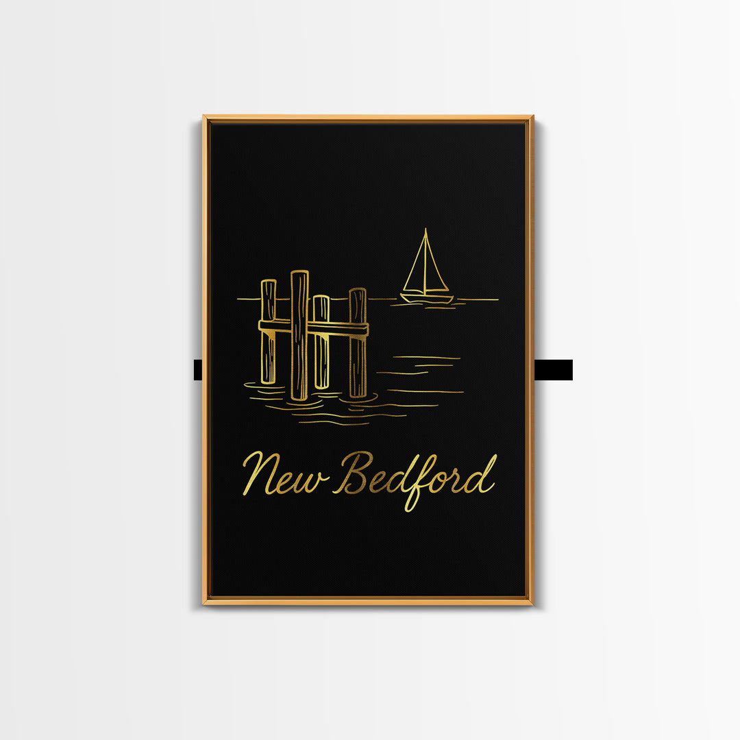 New Bedford Travel Poster, Canvas Print, Gold Outline Poster Art, New Bedford Travel Art, Travel Wall Decor, Home Office Decor
