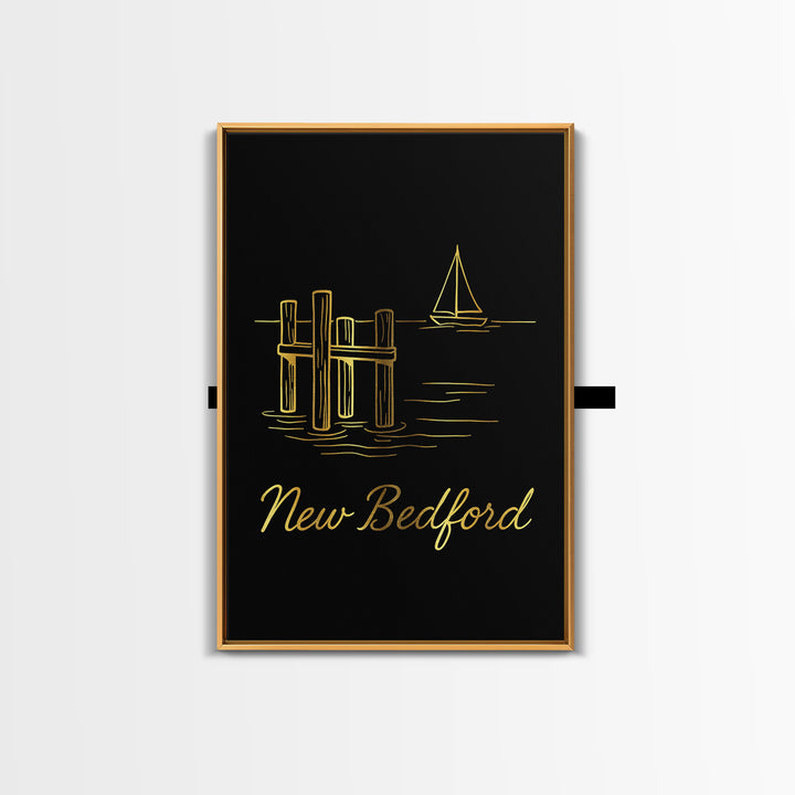 New Bedford Travel Poster, Canvas Print, Gold Outline Poster Art, New Bedford Travel Art, Travel Wall Decor, Home Office Decor