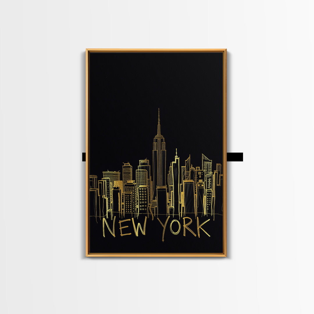New York Travel Poster, Framed Canvas Print, Black Gold Minimalist Art, New York City Art, Wanderlust Decor, Mid Century Wall Art