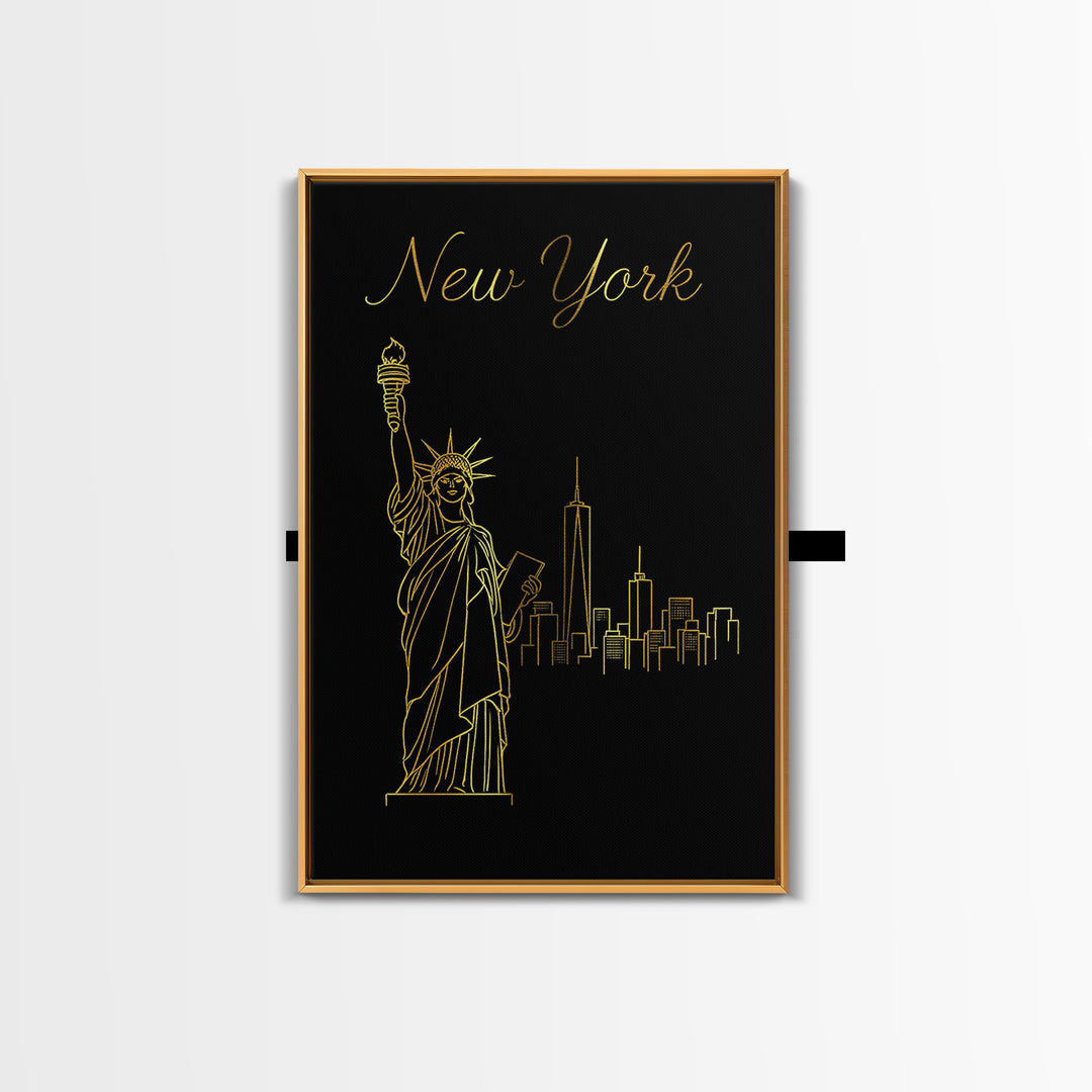New York Travel Poster, Framed Canvas Print, Minimalist Gold Line Art, New York Art Print, Home Office Decor, Mid Century Wall Art