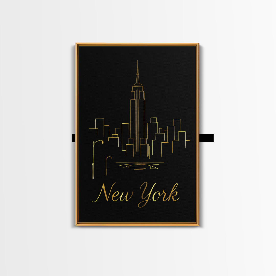 New York Travel Poster, Framed Canvas Print, Black Gold Minimalist Art, New York Wall Art, Eclectic Wall Decor, Mid Century Wall Art
