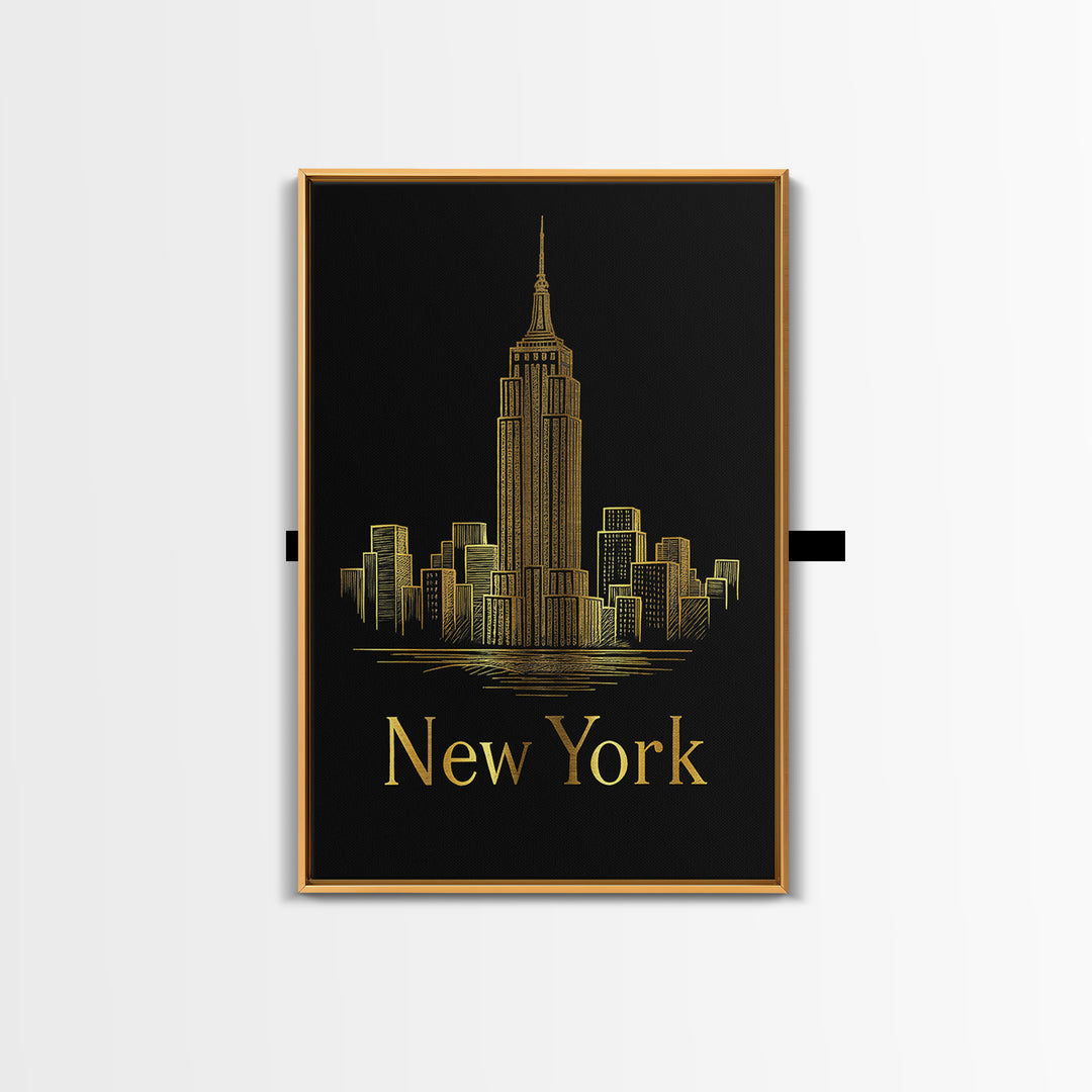 New York Travel Poster, Canvas Print, Gold Outline Poster Art, New York Art Print, Vintage City Poster, Vintage Travel Art, Retro Poster