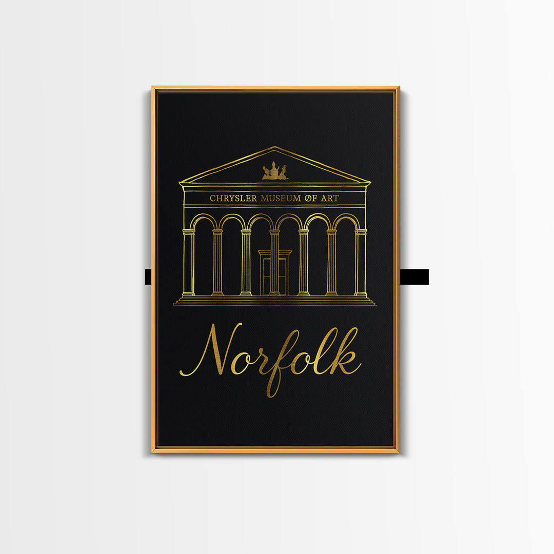 Norfolk Travel Poster, Framed Canvas Print, Gold Outline Poster Art, Norfolk City Art, Gift For Travelers, Travel Wall Art, Fine Art Print
