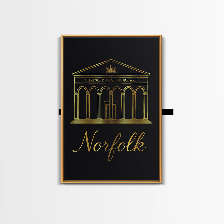Norfolk Travel Poster, Framed Canvas Print, Gold Outline Poster Art, Norfolk City Art, Gift For Travelers, Travel Wall Art, Fine Art Print