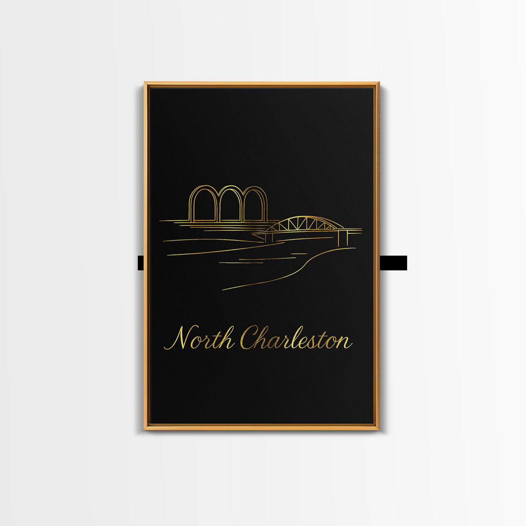 North Charleston Travel Poster, Canvas Print, Black Gold Minimalist Art, North Charleston City Art, Modern Wall Decor, City Art Print