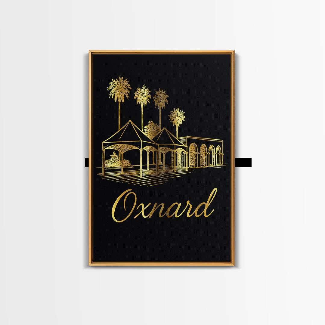 Oxnard California Travel Poster, Framed Canvas Print, Minimalist Gold Line Art, Oxnard Art Print, City Travel Prints, Eclectic Wall Decor