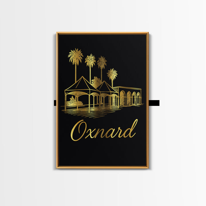 Oxnard California Travel Poster, Framed Canvas Print, Minimalist Gold Line Art, Oxnard Art Print, City Travel Prints, Eclectic Wall Decor
