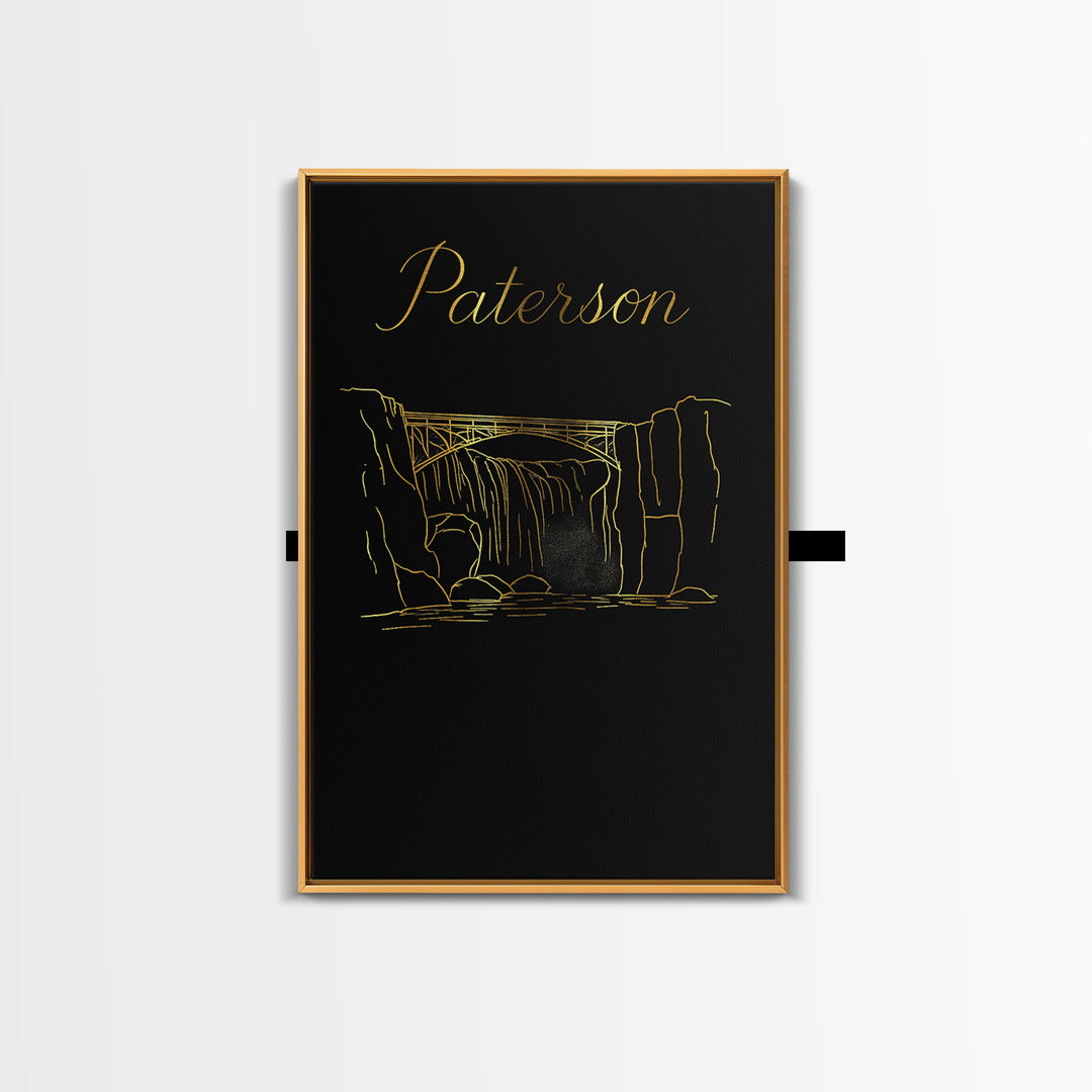 Paterson Travel Poster, Canvas Print, Gold Outline Poster Art, Paterson Wall Art, Vintage Travel Art, Travel Art Print, City Illustration