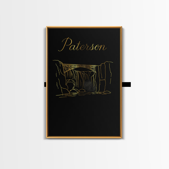 Paterson Travel Poster, Canvas Print, Gold Outline Poster Art, Paterson Wall Art, Vintage Travel Art, Travel Art Print, City Illustration
