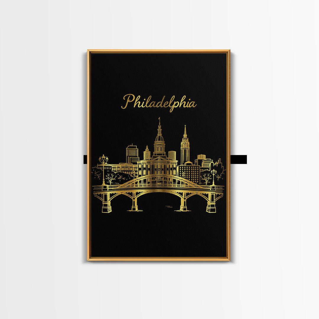 Philadelphia Pennsylvania Travel Poster, Canvas Print, Gold Outline Poster Art, Philadelphia Wall Art, Watercolor Skyline, City Illustration