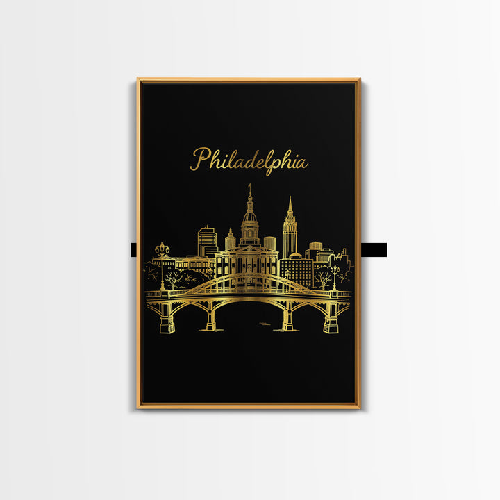 Philadelphia Pennsylvania Travel Poster, Canvas Print, Gold Outline Poster Art, Philadelphia Wall Art, Watercolor Skyline, City Illustration