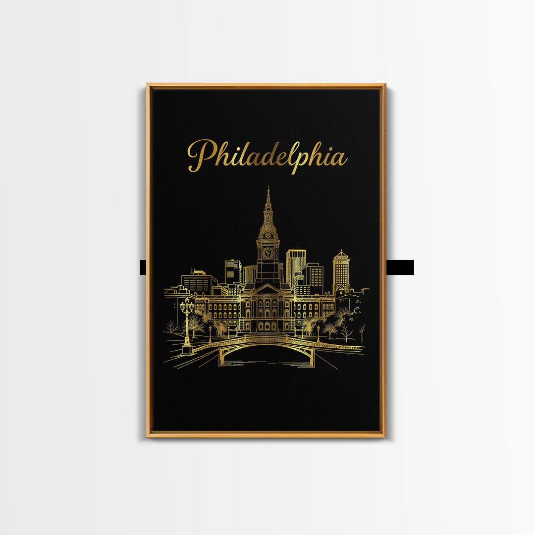 Philadelphia Travel Poster, Canvas Print, Gold Outline Poster Art, Philadelphia Poster Print, City Illustration, Home Office Decor