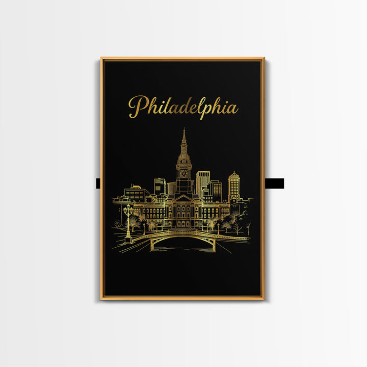Philadelphia Travel Poster, Canvas Print, Gold Outline Poster Art, Philadelphia Poster Print, City Illustration, Home Office Decor