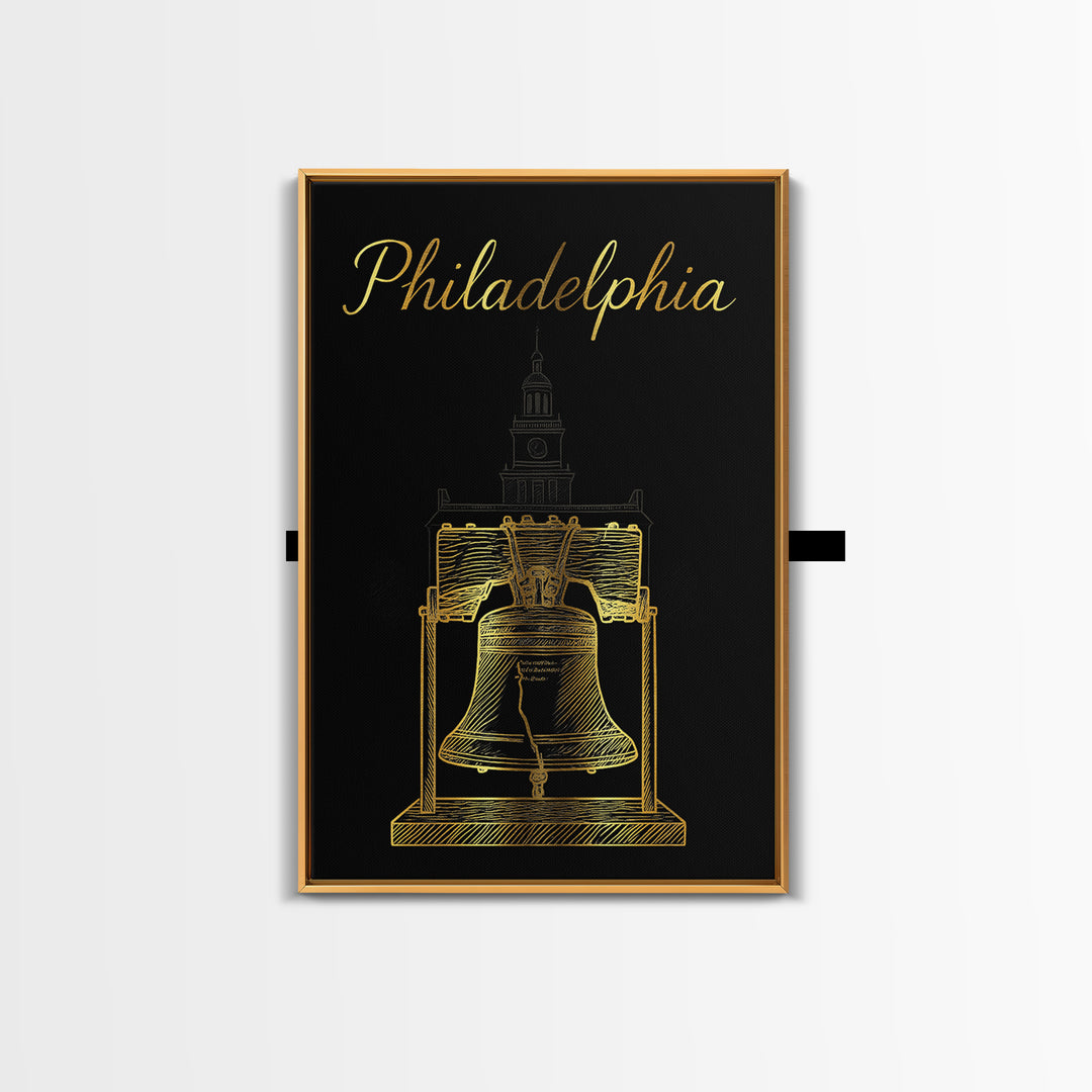 Philadelphia Travel Poster, Framed Canvas Print, Minimalist Gold Line Art, Philadelphia Travel Art, Living Room Wall Art, Home Office Decor