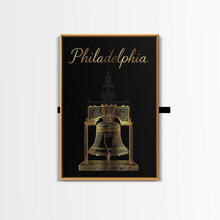 Philadelphia Travel Poster, Framed Canvas Print, Minimalist Gold Line Art, Philadelphia Travel Art, Living Room Wall Art, Home Office Decor