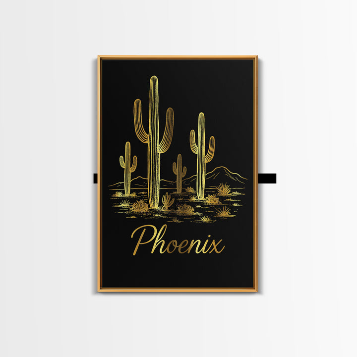 Phoenix Travel Poster, Framed Canvas Print, Gold Outline Poster Art, Phoenix Wall Art, Modern Wall Decor, City Illustration, Home Decor
