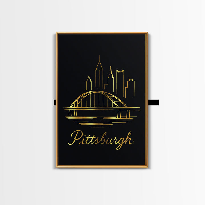 Pittsburgh Travel Poster, Canvas Print, Gold Outline Poster Art, Pittsburgh City Art, Vintage Travel Print, Living Room Wall Art