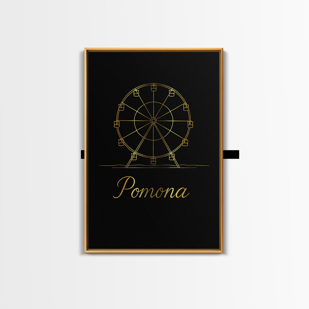 Pomona California Travel Poster, Framed Canvas Print, Black Gold Minimalist Art, Pomona Travel Art, Modern Wall Decor, Mid Century Wall Art