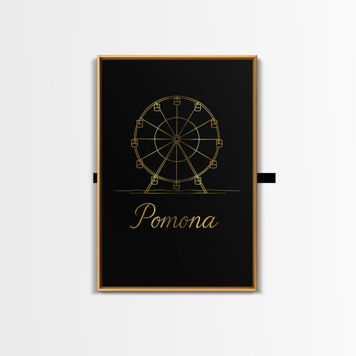 Pomona California Travel Poster, Framed Canvas Print, Black Gold Minimalist Art, Pomona Travel Art, Modern Wall Decor, Mid Century Wall Art