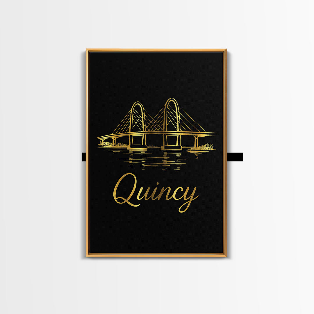 Quincy Massachusetts Travel Poster, Canvas Print, Gold Outline Poster Art, Quincy Wall Art, Wall Decor, Travel Poster Art, Home Decor