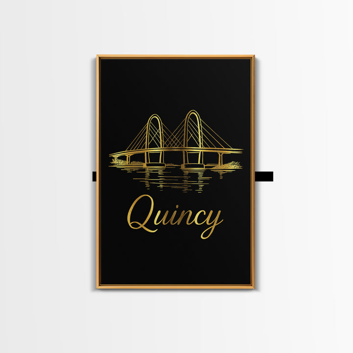 Quincy Massachusetts Travel Poster, Canvas Print, Gold Outline Poster Art, Quincy Wall Art, Wall Decor, Travel Poster Art, Home Decor