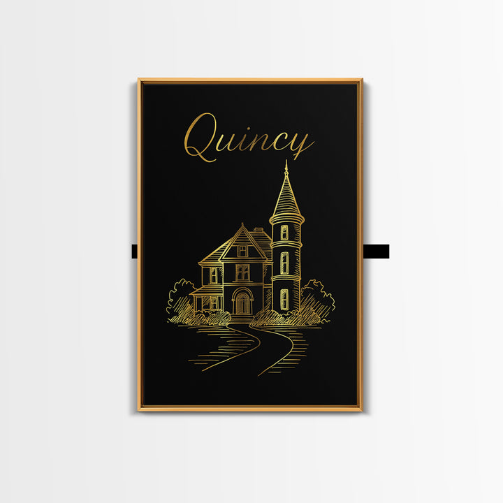 Quincy Travel Poster, Canvas Print, Minimalist Gold Line Art, Quincy City Art, Gift For Travelers, Eclectic Wall Decor, Travel Wall Art