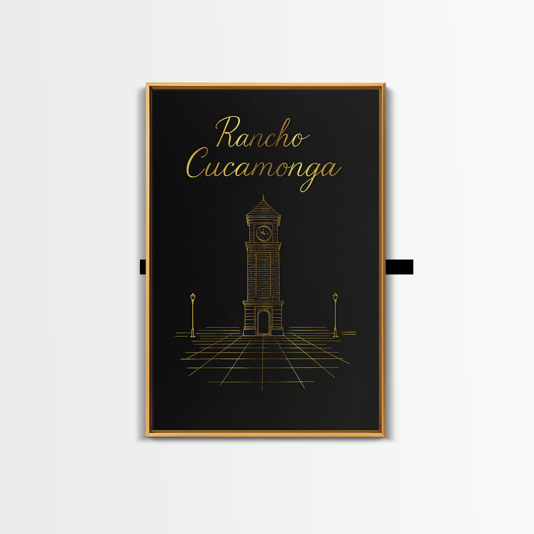 Rancho Cucamonga Travel Poster, Framed Canvas Print, Gold Outline Poster Art, Rancho Cucamonga Poster Print, Watercolor Downtown Skyline