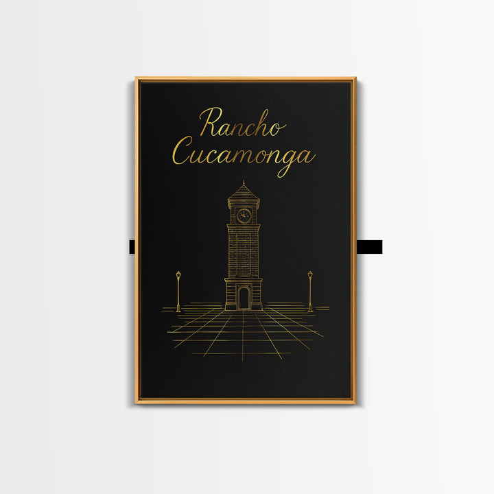 Rancho Cucamonga Travel Poster, Framed Canvas Print, Gold Outline Poster Art, Rancho Cucamonga Poster Print, Watercolor Downtown Skyline