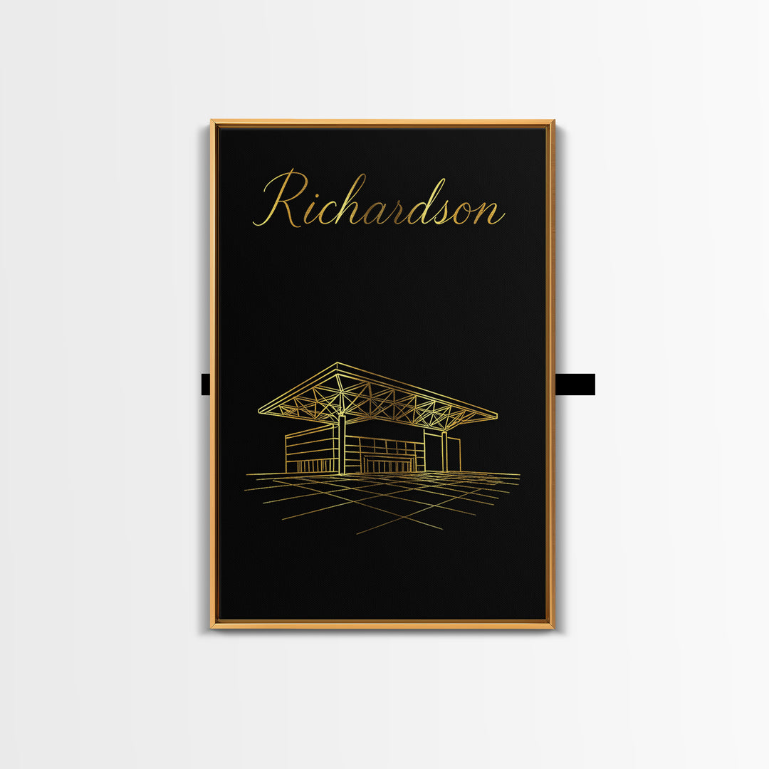 Richardson Texas Travel Poster, Framed Canvas Print, Gold Outline Poster Art, Richardson Art Print, City Illustration, Fine Art Print