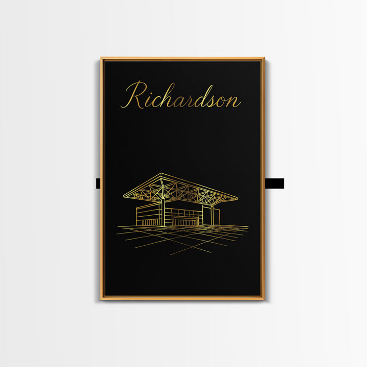 Richardson Texas Travel Poster, Framed Canvas Print, Gold Outline Poster Art, Richardson Art Print, City Illustration, Fine Art Print