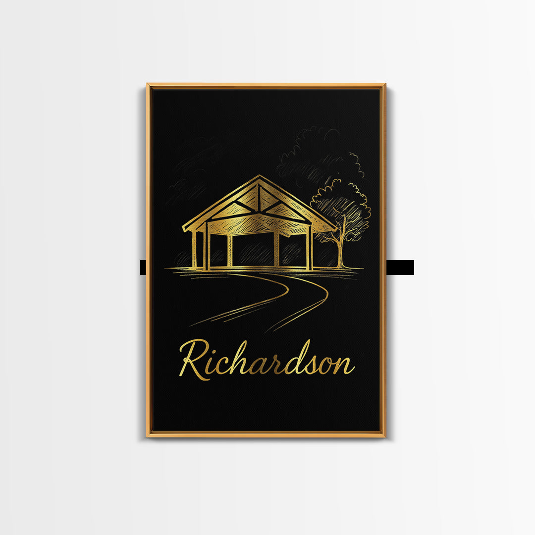 Richardson Travel Poster, Framed Canvas Print, Black Gold Minimalist Art, Richardson Art Print, City Illustration, Gift For Travelers