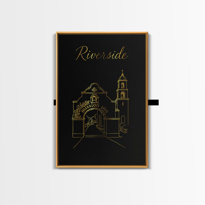 Riverside Travel Poster, Framed Canvas Print, Black Gold Minimalist Art, Riverside City Art, Eclectic Wall Decor, Travel Wall Art