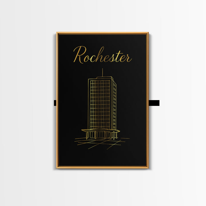Rochester Travel Poster, Framed Canvas Print, Gold Outline Poster Art, Rochester Art Print, Retro Travel Print, Travel Wall Decor