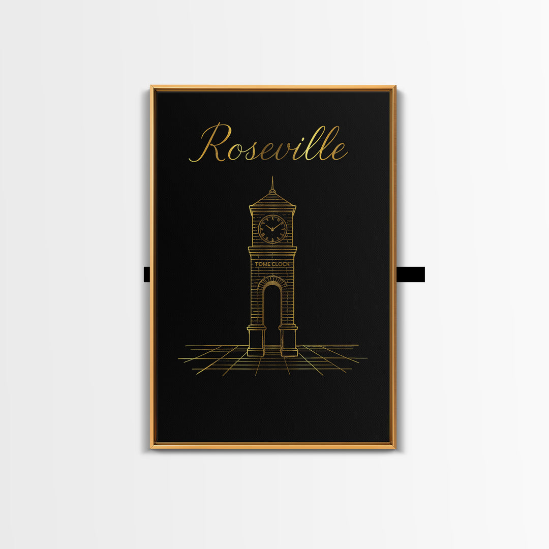 Roseville California Travel Poster, Framed Canvas Print, Gold Outline Poster Art, Roseville City Art, Travel Poster Set, Home Office Decor