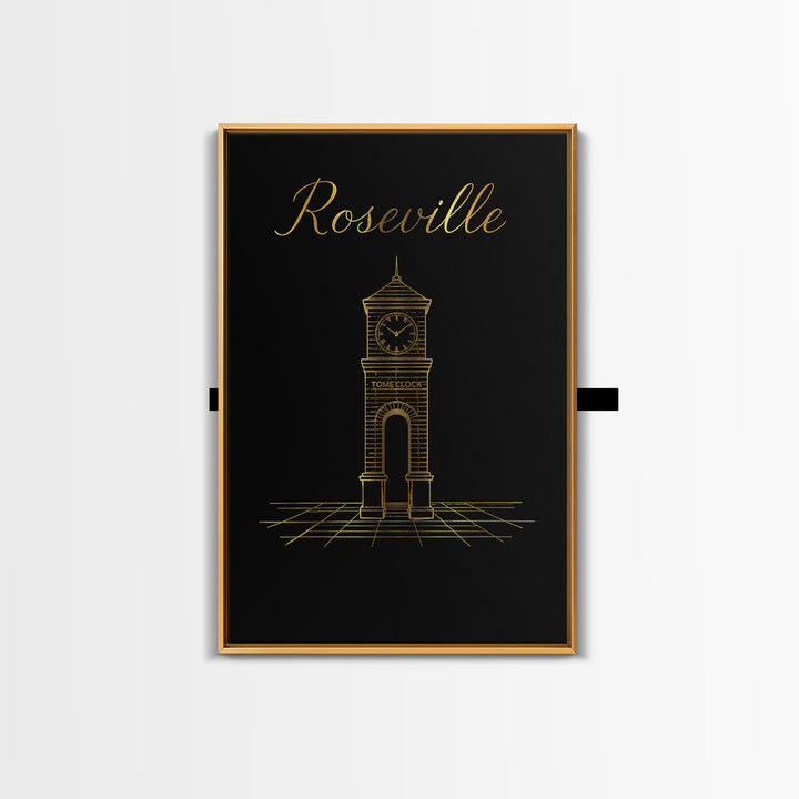 Roseville California Travel Poster, Framed Canvas Print, Gold Outline Poster Art, Roseville City Art, Travel Poster Set, Home Office Decor