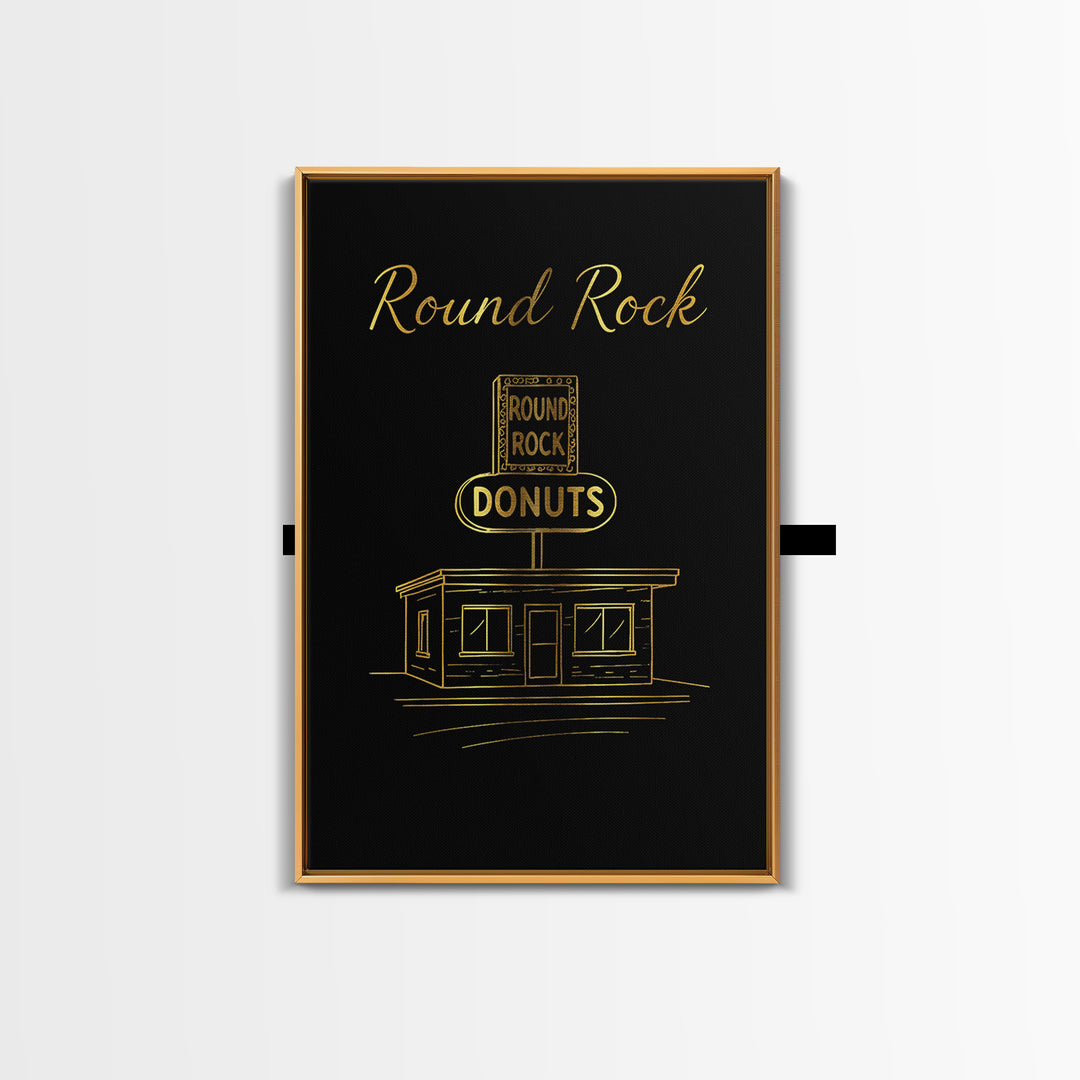 Round Rock Texas Travel Poster, Framed Canvas Print, Gold Outline Poster Art, Round Rock Travel Art, Gift For Travelers, Vintage Travel Art