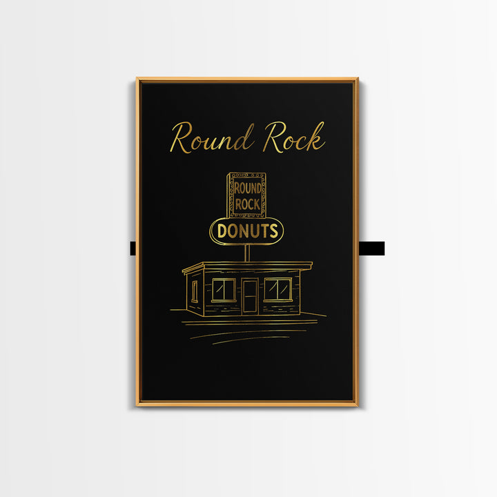 Round Rock Texas Travel Poster, Framed Canvas Print, Gold Outline Poster Art, Round Rock Travel Art, Gift For Travelers, Vintage Travel Art