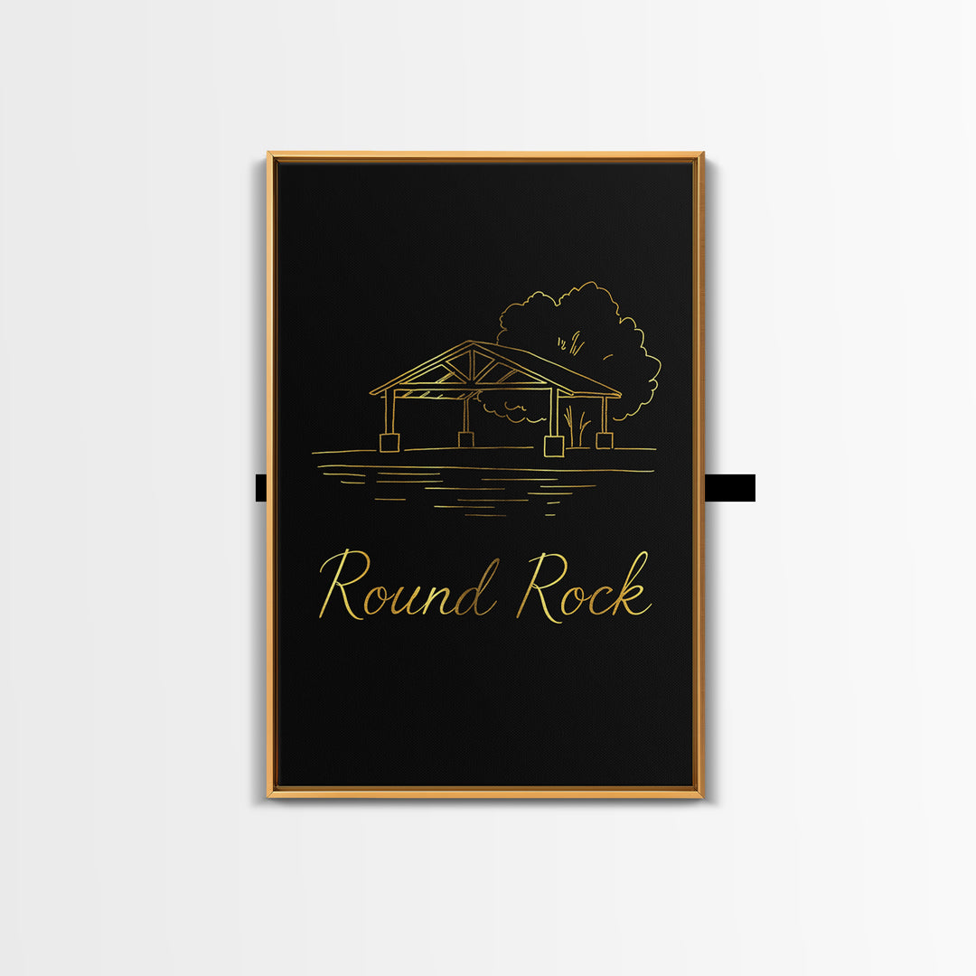 Round Rock Travel Poster, Framed Canvas Print, Gold Outline Poster Art, Round Rock Art Print, Retro Travel Print, Mid Century Wall Art